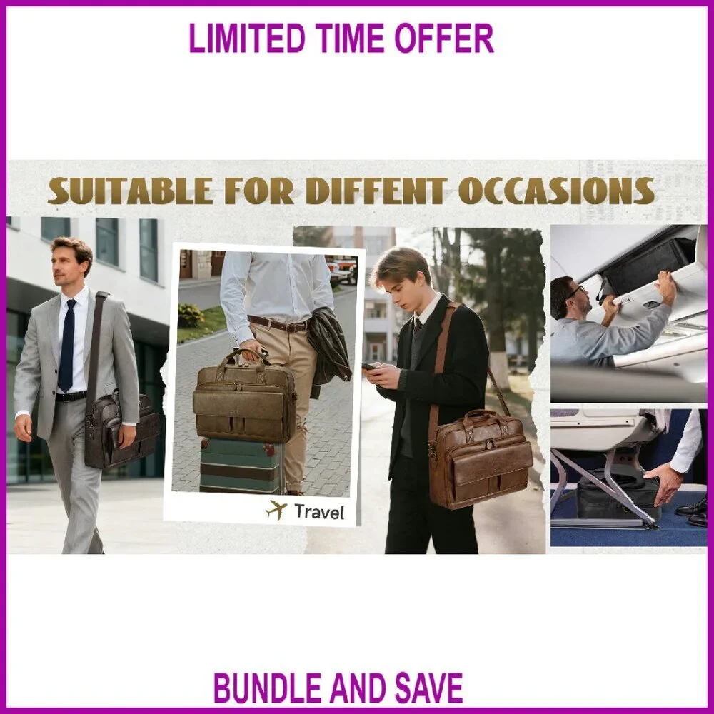 15.6 Inch PU Leather Messenger Bag with Laptop Compartment & Luggage Strap